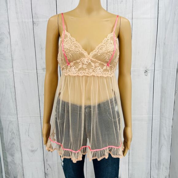 Y2K VS Victoria's Secret SMALL Orange Cream Sheer Floral Lace Camisole Tank Top - Picture 1 of 8